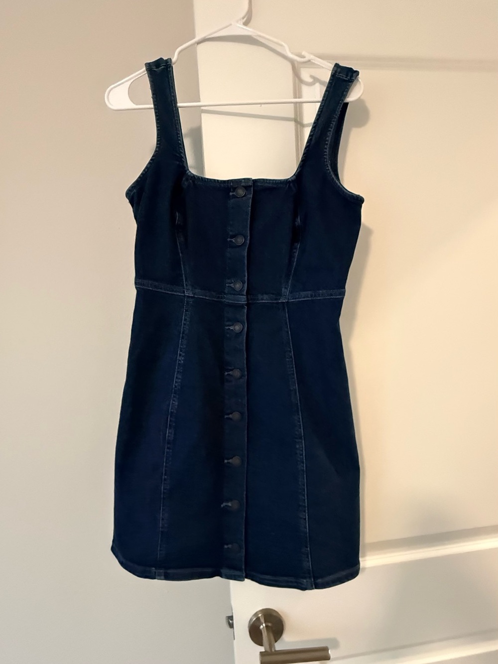 SO Dark Wash Denim Button Front Mini Dress Size M Sleeveless Square Neck❤️ - Picture 3 of 7